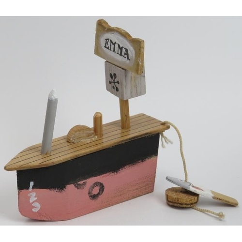 93 - A John Maltby (b.1946) painted wood model of fishing boat named ’Emma’. Signed beneath. 12 cm length... 