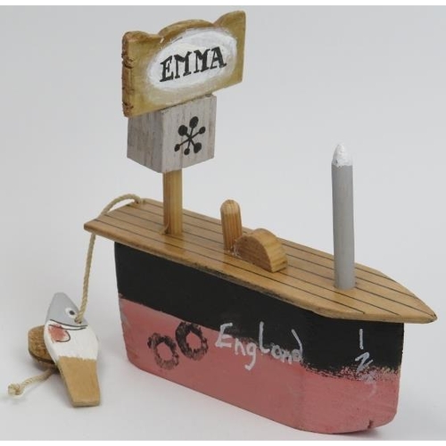 93 - A John Maltby (b.1946) painted wood model of fishing boat named ’Emma’. Signed beneath. 12 cm length... 