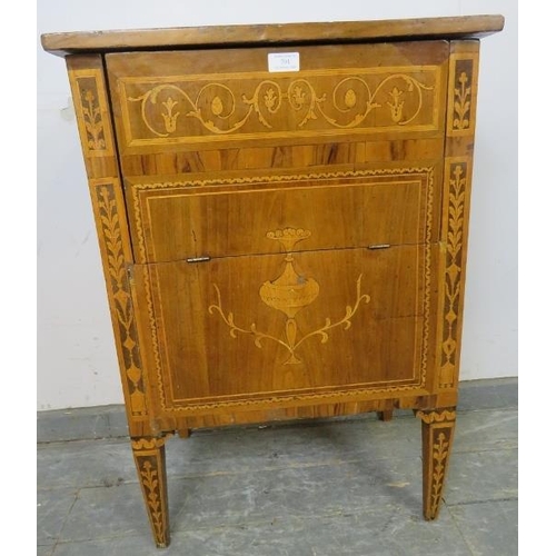 701 - An 18th century Italian walnut commode cabinet, having olivewood crossbanding and marquetry inlay in... 