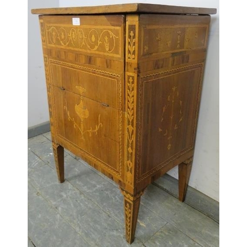 701 - An 18th century Italian walnut commode cabinet, having olivewood crossbanding and marquetry inlay in... 