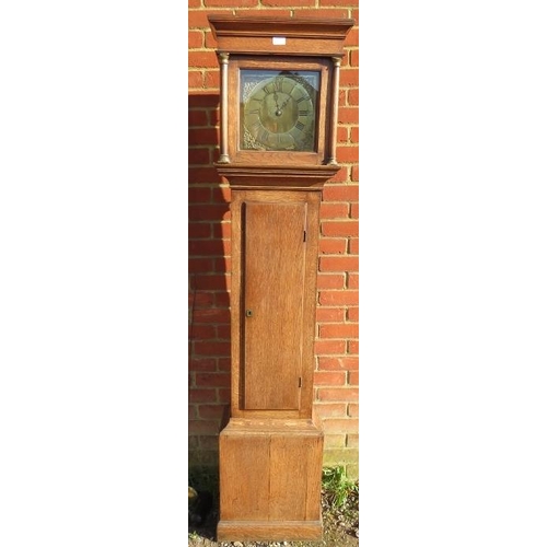 704 - A Georgian country made medium oak 30-hour longcase clock by Hill of Lisk, the hood with plain corni... 