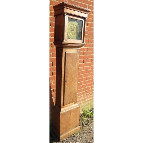 704 - A Georgian country made medium oak 30-hour longcase clock by Hill of Lisk, the hood with plain corni... 