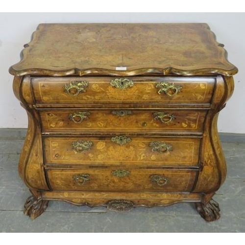 708 - An antique 18th century style Dutch walnut bombe-shaped chest, profusely decorated with marquetry in... 