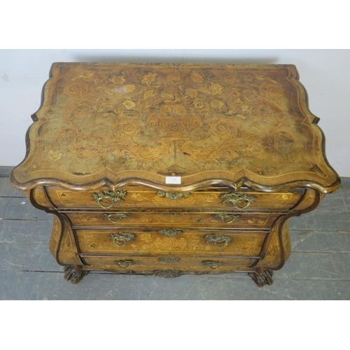 708 - An antique 18th century style Dutch walnut bombe-shaped chest, profusely decorated with marquetry in... 