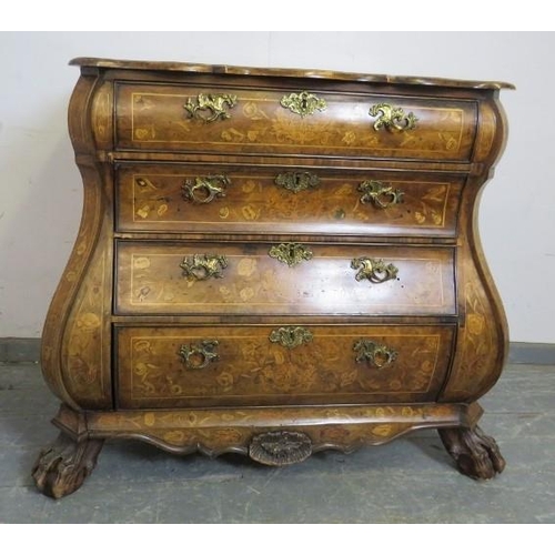 708 - An antique 18th century style Dutch walnut bombe-shaped chest, profusely decorated with marquetry in... 