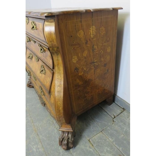 708 - An antique 18th century style Dutch walnut bombe-shaped chest, profusely decorated with marquetry in... 