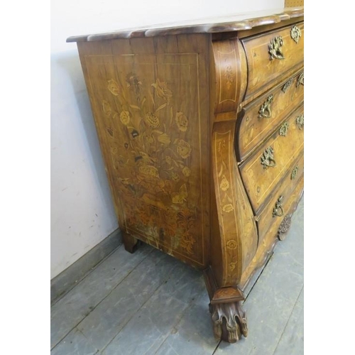 708 - An antique 18th century style Dutch walnut bombe-shaped chest, profusely decorated with marquetry in... 