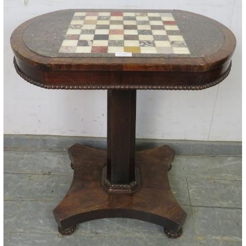 725 - A good early Victorian mahogany pedestal games table stamped ‘Gillows’, the top with specimen marble... 