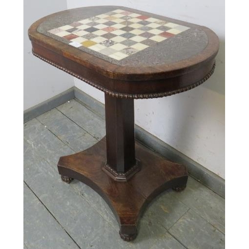 725 - A good early Victorian mahogany pedestal games table stamped ‘Gillows’, the top with specimen marble... 