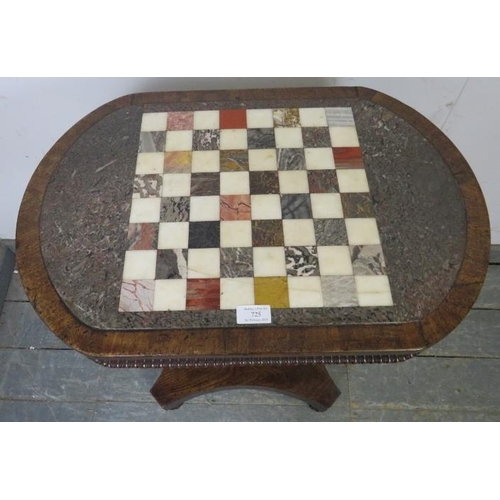 725 - A good early Victorian mahogany pedestal games table stamped ‘Gillows’, the top with specimen marble... 