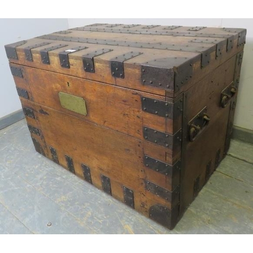 726 - A 19th century oak silver chest by Mappin & Webb, reinforced with iron strapwork and corner mounts, ... 