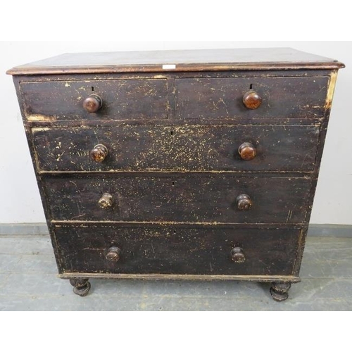 735 - An antique pine chest, having two short over three long graduated drawers with turned wooden handles... 