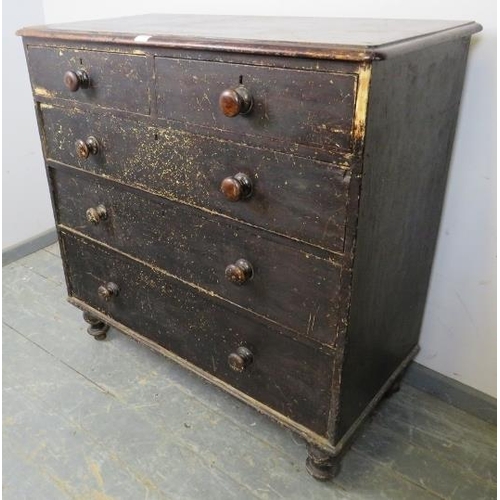 735 - An antique pine chest, having two short over three long graduated drawers with turned wooden handles... 