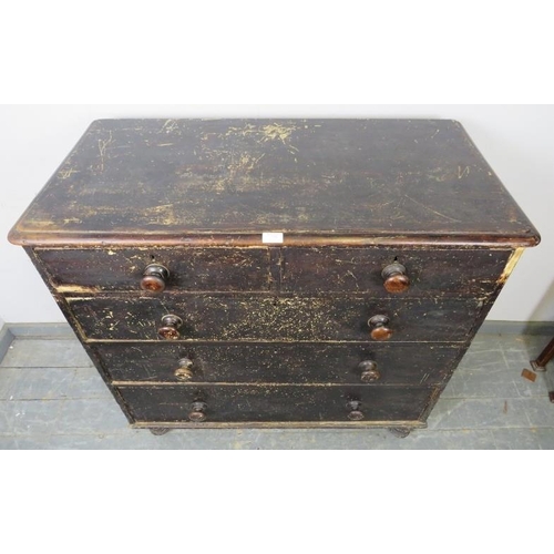 735 - An antique pine chest, having two short over three long graduated drawers with turned wooden handles... 