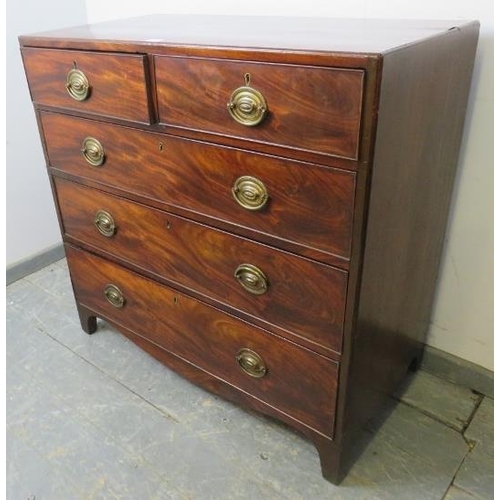 741 - A Georgian flame mahogany straight front chest of good colour, housing two short over three long gra... 