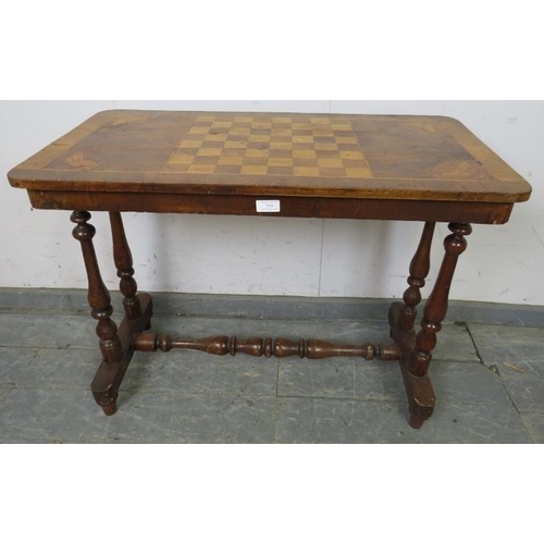 749 - A Victorian walnut inlaid chess table, the crossbanded top with marquetry decoration depicting butte... 