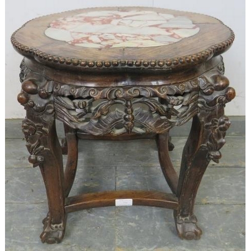 756 - An antique Chinese rosewood occasional table/plant stand, the top with inset rogue marble and beaded... 