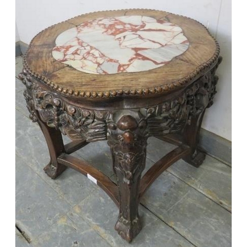 756 - An antique Chinese rosewood occasional table/plant stand, the top with inset rogue marble and beaded... 