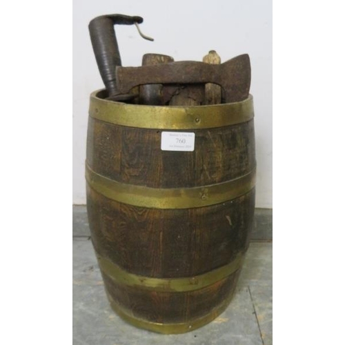 760 - A small antique coopered oak barrel with brass banding. Together with a selection of six antique bil... 