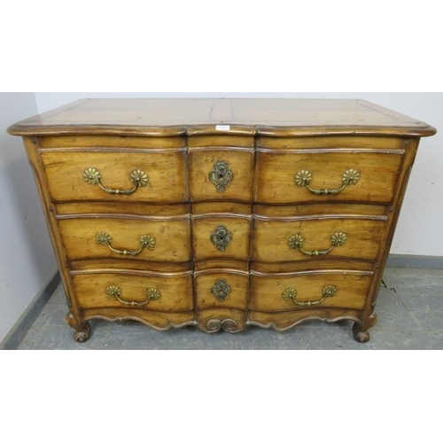 761 - A good quality reproduction fruitwood serpentine fronted chest by De Tonge, housing three long oak l... 