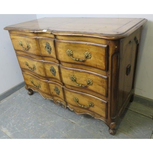 761 - A good quality reproduction fruitwood serpentine fronted chest by De Tonge, housing three long oak l... 