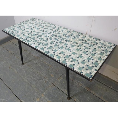 778 - A vintage mid-century rectangular side table with inset mosaic tiles in variegated shades of blue an... 