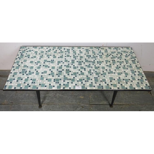 778 - A vintage mid-century rectangular side table with inset mosaic tiles in variegated shades of blue an... 