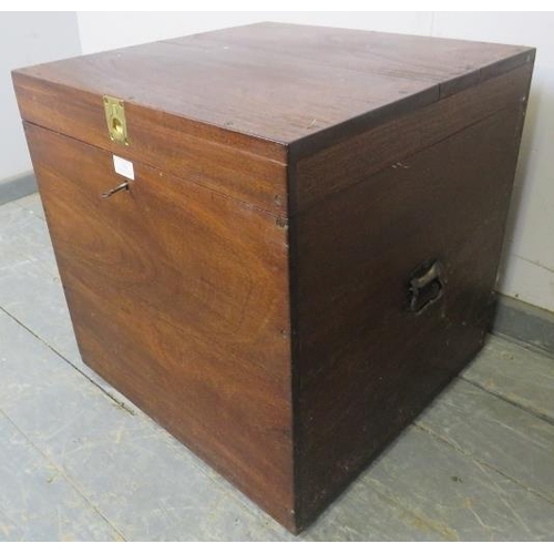 782 - A vintage bespoke hardwood strong box with brass campaign style handle and carry handles to either s... 