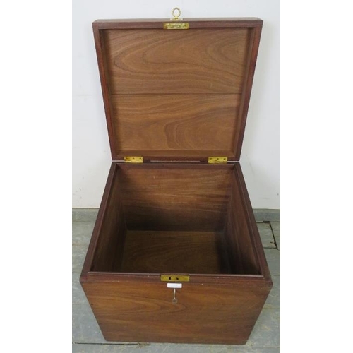 782 - A vintage bespoke hardwood strong box with brass campaign style handle and carry handles to either s... 