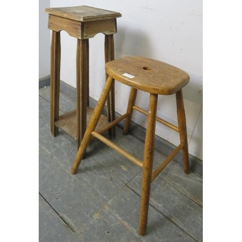 794 - A vintage elm and beech artist’s stool, on canted supports with stretchers. Together with and antiqu... 