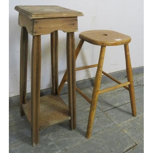 794 - A vintage elm and beech artist’s stool, on canted supports with stretchers. Together with and antiqu... 