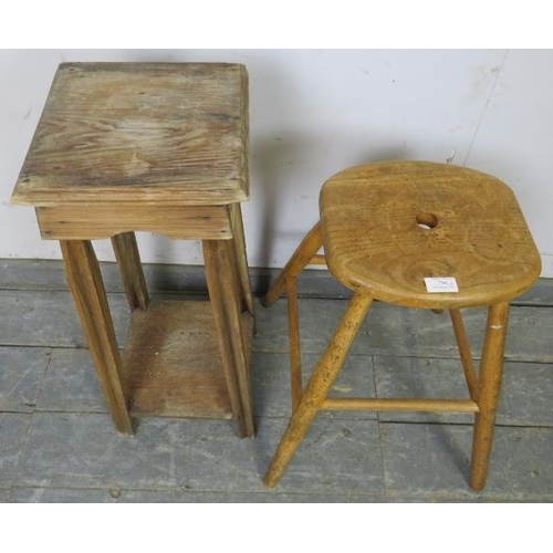 794 - A vintage elm and beech artist’s stool, on canted supports with stretchers. Together with and antiqu... 