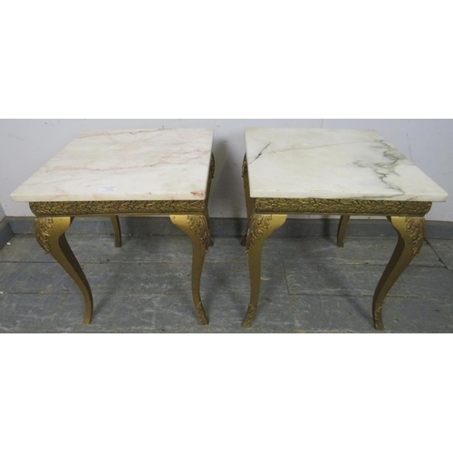 797 - A pair of vintage giltwood side tables, having loose white marble tops, on bases with friezes depict... 