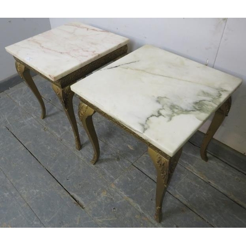 797 - A pair of vintage giltwood side tables, having loose white marble tops, on bases with friezes depict... 