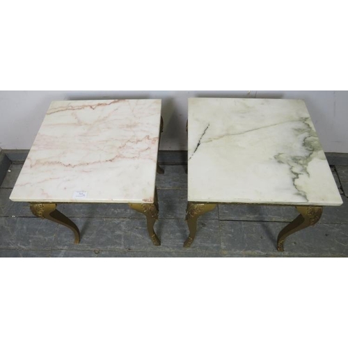 797 - A pair of vintage giltwood side tables, having loose white marble tops, on bases with friezes depict... 