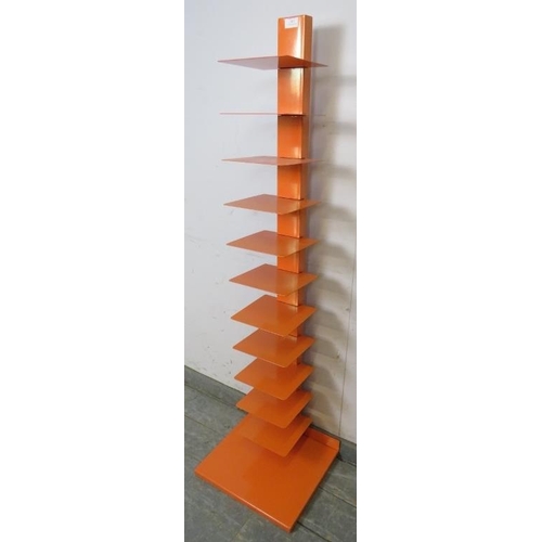 810 - A contemporary display stand, painted orange, having 11 open shelves, on a square plinth base.
H140c... 