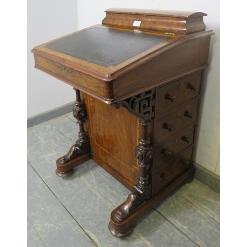 814 - A late Victorian burr walnut Davenport, having satinwood inlay and strung with boxwood and ebony, th... 