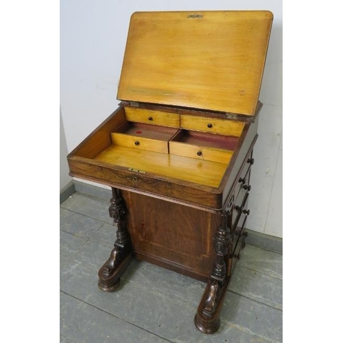 814 - A late Victorian burr walnut Davenport, having satinwood inlay and strung with boxwood and ebony, th... 