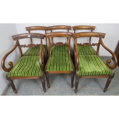 821 - A set of six (4+2) William IV mahogany dining chairs, the carved backs above drop-in seat pads uphol... 