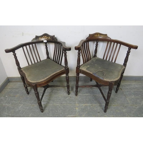 830 - A matched pair of Edwardian marquetry inlaid corner chairs, on turned supports with an ‘X’ stretcher... 