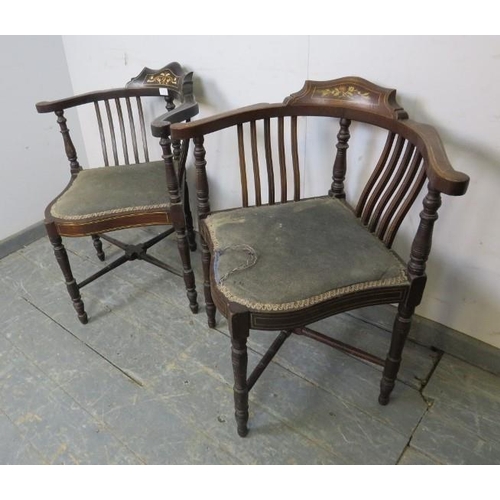 830 - A matched pair of Edwardian marquetry inlaid corner chairs, on turned supports with an ‘X’ stretcher... 