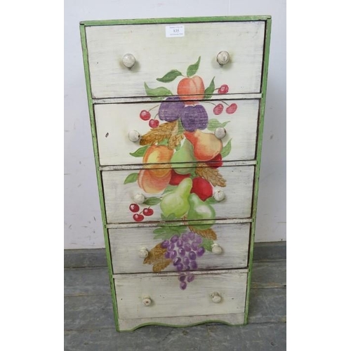 835 - A vintage narrow chest, having five long drawers with turned wooden handles, hand painted with flora... 