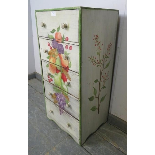 835 - A vintage narrow chest, having five long drawers with turned wooden handles, hand painted with flora... 