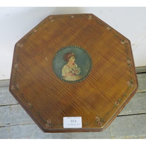 854 - A turn of the century walnut octagonal occasional table, hand-painted with central panel depicting a... 