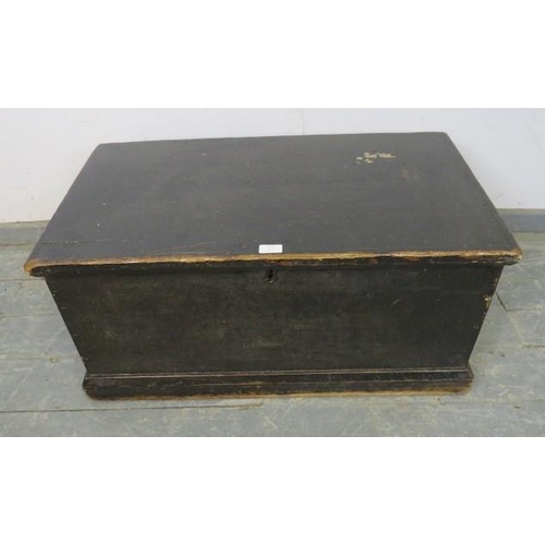 857 - A 19th century ebonised flat-topped trunk/blanket box with cast iron handles to either side, on a pl... 