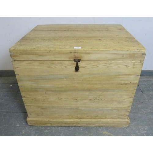 864 - A large antique stripped pine corn box/flat topped trunk with hasp and stable catch and carry handle... 