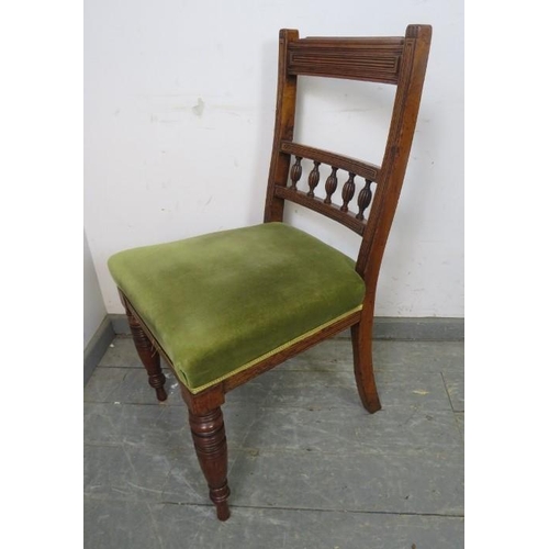 868 - A set of six turn of the century mahogany dining chairs, the reeded backs with fluted spindles, upho... 