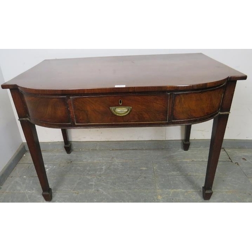 891 - A George III mahogany bow-fronted side table, having single cock-beaded drawer with brass handle, on... 