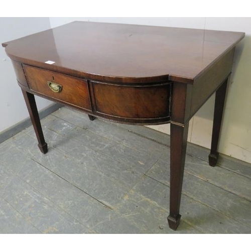 891 - A George III mahogany bow-fronted side table, having single cock-beaded drawer with brass handle, on... 