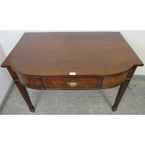 891 - A George III mahogany bow-fronted side table, having single cock-beaded drawer with brass handle, on... 